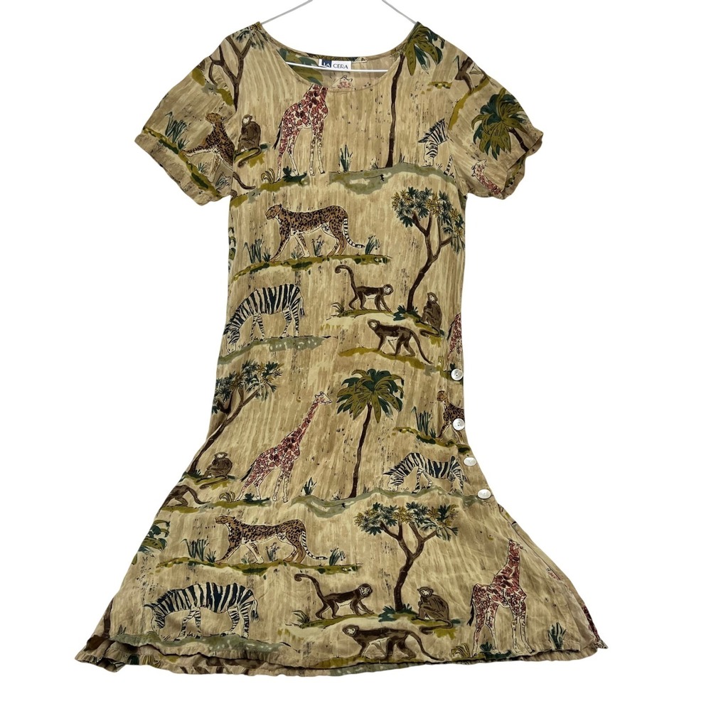 La Cera Womens Animal Print Dress Tan Short Sleeve Button Side Midi‎